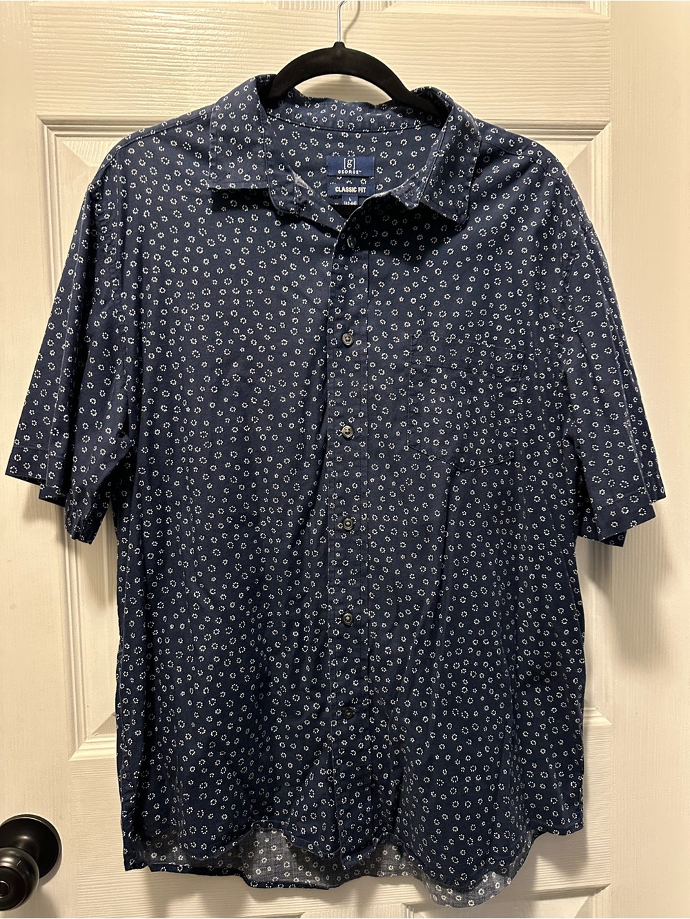 George Navy Button-Down Short Sleeve Shirt with White Micro Print Men’s Size L